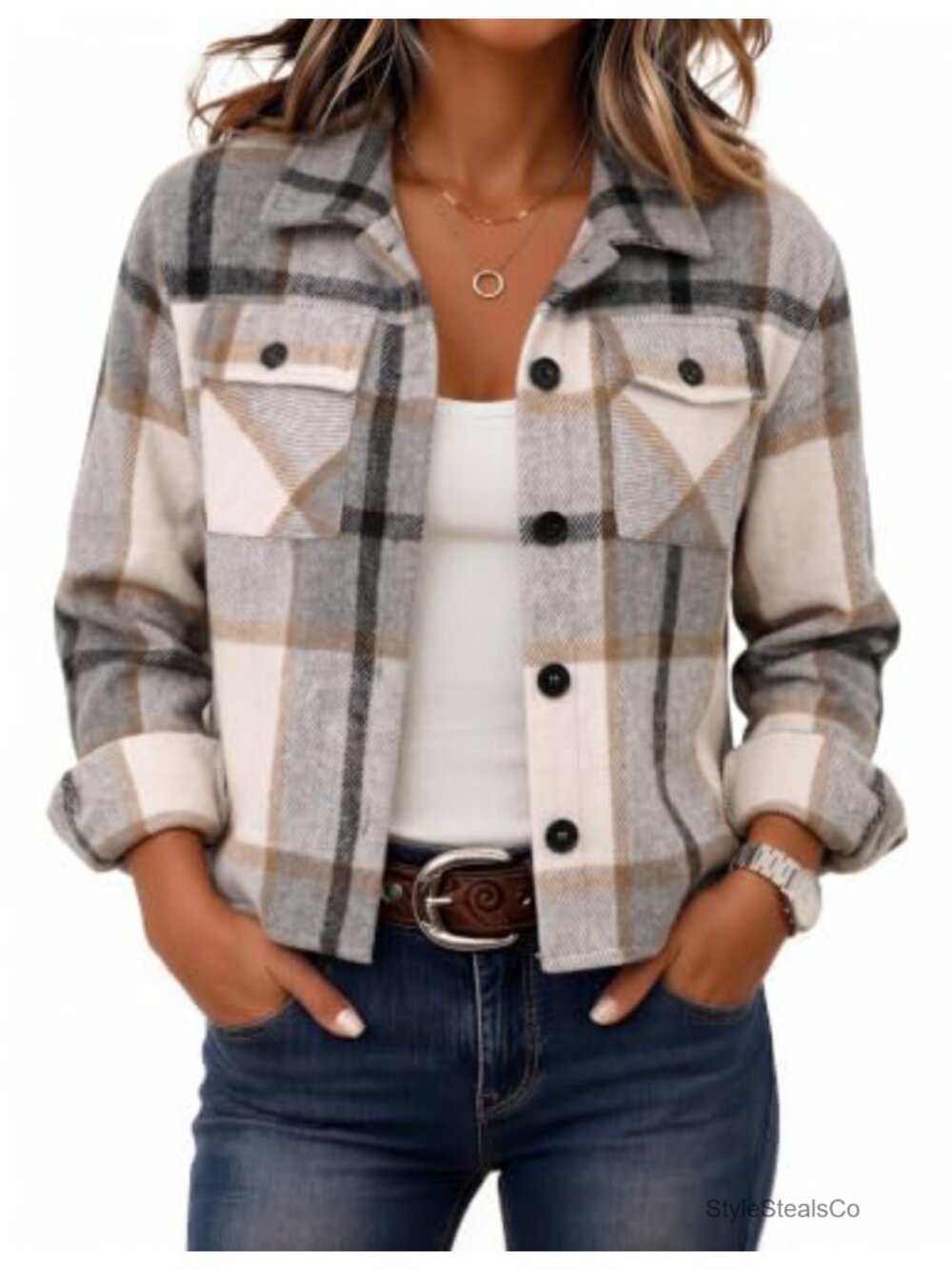 Cropped Plaid Flannel Shacket Button Down Casual Jacket